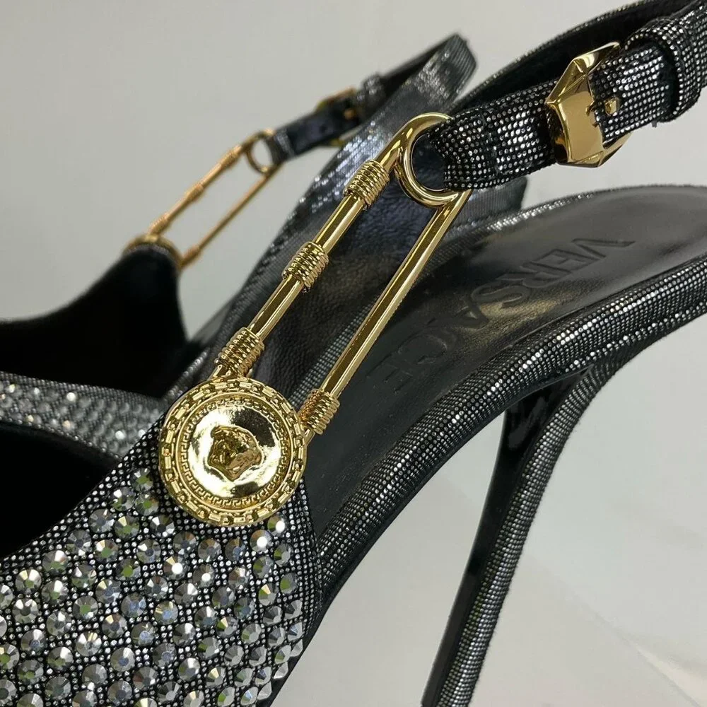 Versace Silver Gold Black Leather Bling Embellished Slingback Pumps 35.5 / US 5